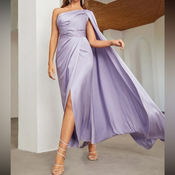 Luxe one shoulder party formal evening wedding prom satin dress - Picture 6 of 16